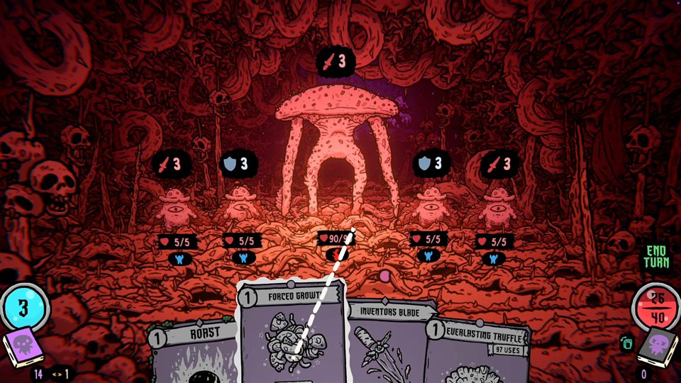 A red fungal enemy confronted with combat cards in Shroom and Gloom