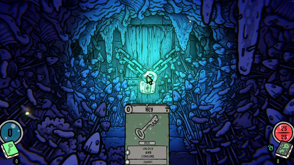A blue-lit dungeon passage with an Explore card visible in Shroom and Gloom