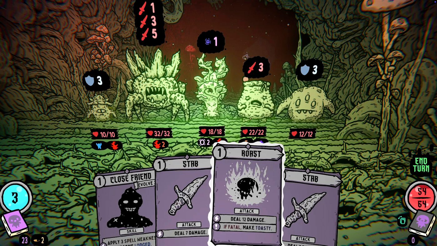 Fungal enemies face the player above a hand of combat cards in Shroom and Gloom